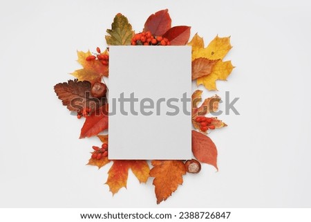 Beautiful autumn composition with blank card on white background Royalty-Free Stock Photo #2388726847