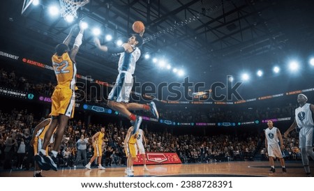 Basketball Championship Highlights on Live Television News Channel: White Team Player Passing the Ball Through Defence. Black Basketballer Scores a Successful Slam Dunk with One Hand