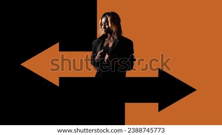 Business African American woman. Girl near arrows in different directions. Concept of difficult choice. Business woman at crossroads. Serious lady makes choice. Businesswoman thought. Female decision