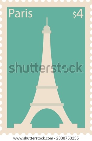 Flat colorful detailed postcard stamp with EIFFEL TOWER famous landmark and symbol of the French city of PARIS, FRANCE