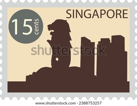 Flat brownish detailed postcard stamp with city skyline and MERLION famous landmark and symbol of the Singaporean city of SINGAPORE