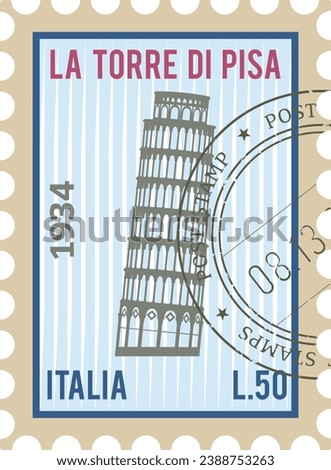 Flat colorful detailed postcard stamp with LEANING TOWER OF PISA famous landmark and symbol of the Italian city of PISA, ITALY