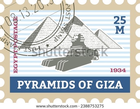 Flat colorful detailed postcard stamp with GIZA NECROPOLIS PYRAMID COMPLE famous landmark and symbol of the Egyptian city of AL HARAM, EGYPT