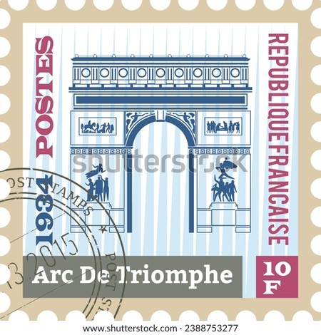 Flat colorful detailed postcard stamp with ARC DE TRIOMPHE famous landmark and symbol of the French city of PARIS, FRANCE