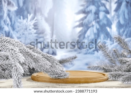 Desk of free space and winter background. Winter landscape of mountains. 