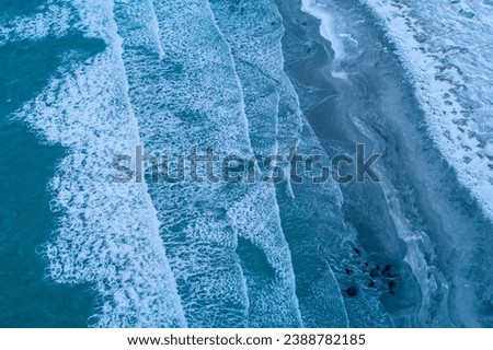 aerial shoot of arctic sea with waves at lofoten islands, Norway