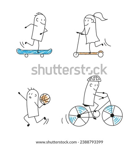Set of stickmans do different physical activities. Do sports set. Vector cartoon stick figure cycling, playing basketball,  skateboarding on skateboard,  ride on a  scooter.