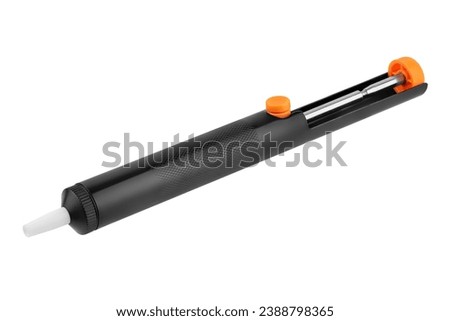 Desoldering vacuum pump. Electronic repair equipment. Desoldering pump for soldering on electronic boards. Solder sucker or syringe for suctioning the solder on a white background Royalty-Free Stock Photo #2388798365