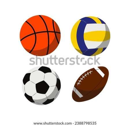 Set of School supplies. Collection of balls for physical education and various sports. Football and basketball. Active lifestyle. Cartoon flat vector illustrations isolated on white background