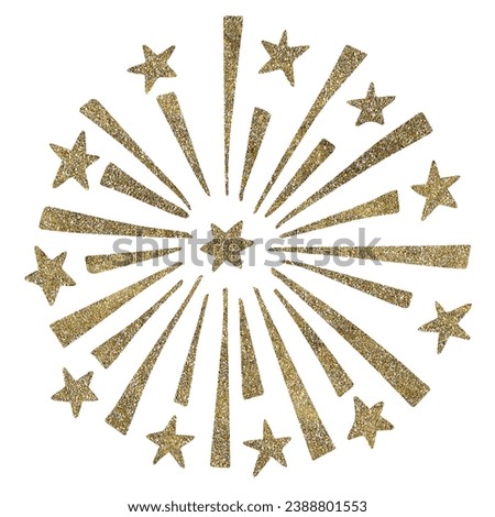 Hand drawn golden firework, silhouette of  sunburst with dots and stars. Decorative festive graphic object, icon isolated on white background. Celebration, anniversary concept.