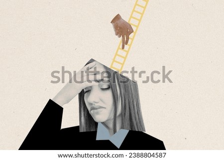 Image collage sketch of sad depressed disappointed girl thinking idea plan professional growth isolated on drawing background