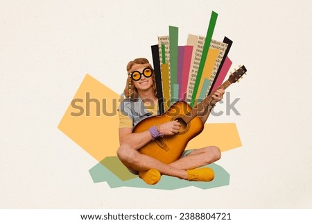 Picture collage image of cheerful joyful guy music lover sitting playing guitar sound melody isolated on drawing background