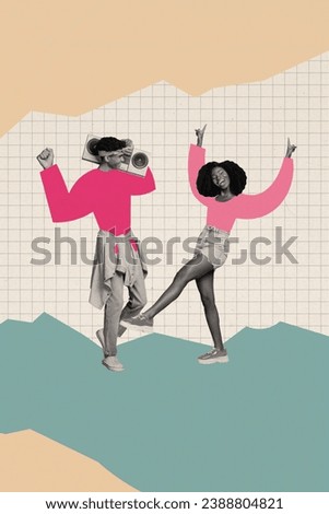 Photo cartoon comics sketch collage picture of happy funky couple dancing enjoying boom box music isolated creative background