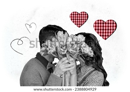 Creative artwork template collage of positive couple kissing cover face flowers dating concept valentine day fantasy billboard comics zine