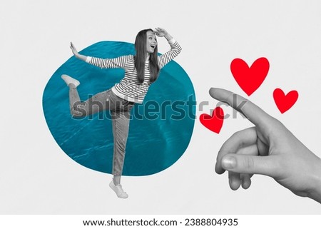 Collage artwork graphics picture of finger pointing excited lady looking for love isolated white color background
