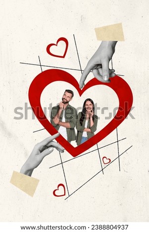 Creative collage picture of positive couple finger point photo frame think dating concept valentine day fantasy billboard comics zine
