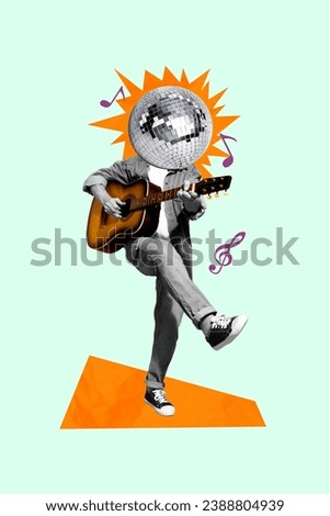 Creative artwork picture collage of weird strange person with disco ball face play acousitc guitar on occasion party dynamic rhythm