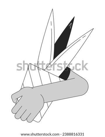 Carrying houseplant cartoon human hand outline illustration. Flower shop. Potted plant holding 2D isolated black and white vector image. Florist gardener hobby flat monochromatic drawing clip art