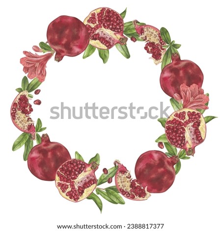 Pomegranate wreath. Watercolor botanical illustration of red Fruit and leaves. Hand drawn clip art on isolated white background. Round frame border template for kitchen utensils and food packaging