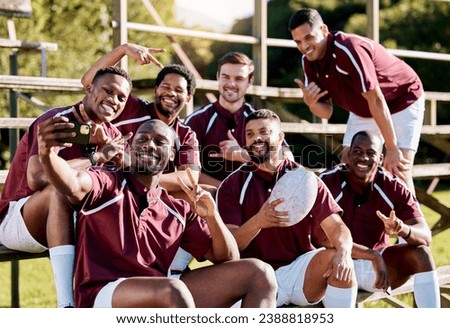 Selfie, peace sign and rugby team smile ready for exercise, sports training and workout on field. Fitness, teamwork and athletes pose for picture for memory or post of competition, game or practice