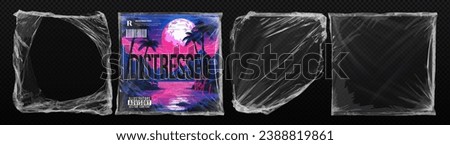 Plastic wrap texture overlay effect. Polyethylene packaging for vinyl or cd cover. Shrink crumpled plastic sleeve, vector mockup illustration. Wrinkled, damaged, torn old disk bag Royalty-Free Stock Photo #2388819861