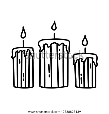 Three burning candles. Wax or paraffin. Black and white vector isolated illustration hand drawn doodle. Home decoration element, holiday party, Christmas or aromatherapy.