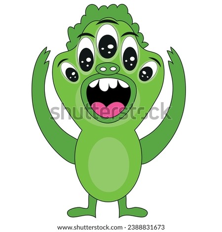 cute green monster with five eyes and open mouth with teeth that wants to scare, doodle style