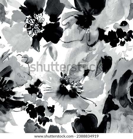 Seamless flower pattern with dark floral background elements with watercolor texture in black, white and gray