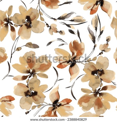 Seamless pattern of flowers with brown floral background elements