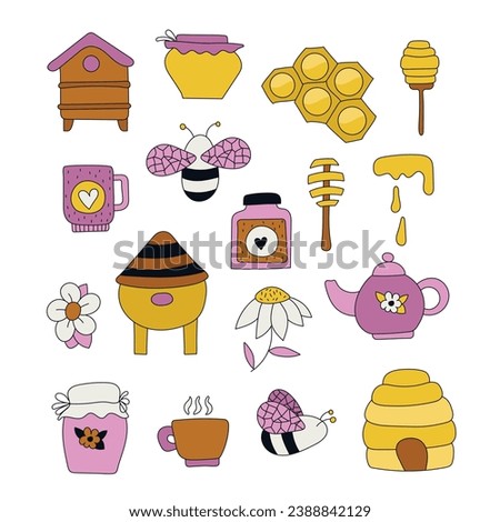 honey and beekeeping outlined Set icons. Honey. Beekeeping elements. Beehive, bees, honey, pot, teapot, cup, spoon, flower. Clipart. Vector illustration.