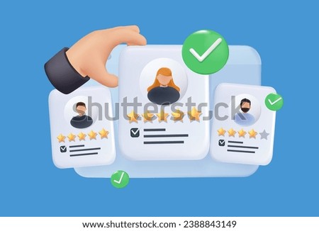 Recruitment agency, hiring employees. Hr manager selects the best candidate for job vacancy. CV, resume analysis. 3D cartoon vector illustration isolated on blue background, 3D cartoon style Royalty-Free Stock Photo #2388843149