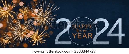 HAPPY NEW YEAR 2024 - Festive silvester firework background panorama greeting card banner long - Fireworks on dark blue night Royalty-Free Stock Photo #2388844727