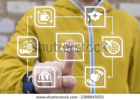 Employee using virtual touch interface presses inscription: EMPLOYEE BENEFITS. Concept of Employee Benefits and Career. Business Bonus Work Perks. Royalty-Free Stock Photo #2388845031