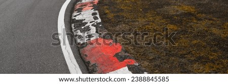 Ultrawide picture of the roadside on a racing track, white and red stripes.