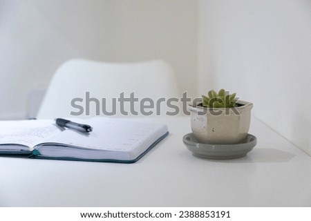 Open notebook planner and pen on a bright table with a mini succulent plant