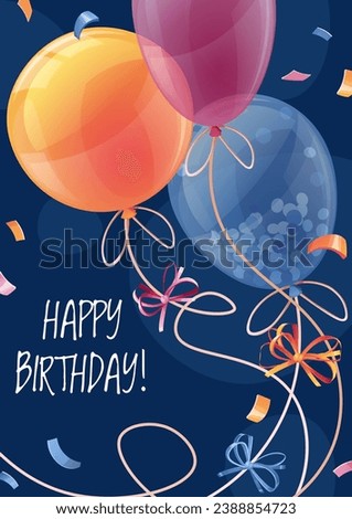 Birthday greeting card template. Banner, flyer with colorful balloons. Happy birthday! Invitation design for holiday, anniversary, party