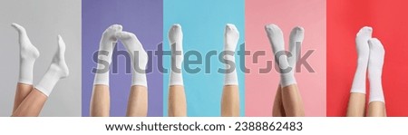 Women in stylish white socks on color backgrounds, collection of photos Royalty-Free Stock Photo #2388862483