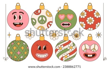 Christmas Groovy vibe set of christmas tree bauble balls and toys in trendy retro 60s hippie linear cartoon style. Vector illustration.