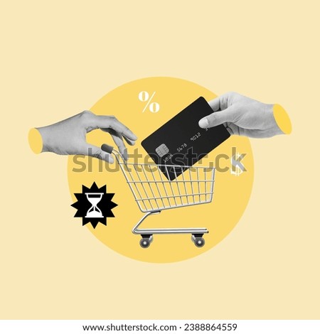 Hand with shopping cart, hand with credit card, buying with a credit card, buy now pay later, interest on purchases, credit in pesos, dollars, best cards to buy, shopping time, Reminder, interest Royalty-Free Stock Photo #2388864559