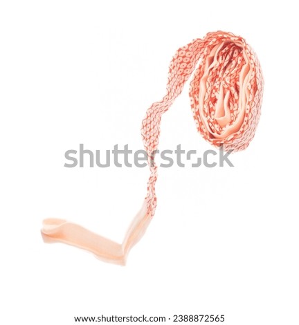 String rope obi Japanese Traditional Komono equipment fly in air with curve. String rope obi Japanese Traditional Komono fabric is beautiful clothes for ceremony event. White background isolated Royalty-Free Stock Photo #2388872565