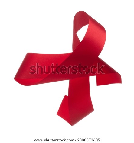 Red ribbon long straight fly in air with curve roll shiny. Red ribbon for present gift birthday party to wrap around decorate and make of textile cloth long straight. White background isolated
