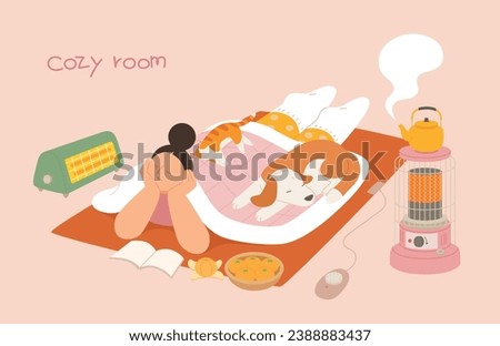 A view of a room in Korea during winter. A girl is lying on a warm electric mat, eating tangerines and reading a book. A dog and a cat are taking a nap together.