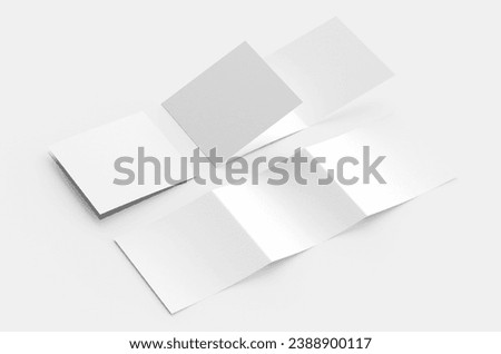 Square Front Back Blank white tri folded booklets mock ups set, opened top view. Plain trifold brochures mock ups set isolated. Royalty-Free Stock Photo #2388900117