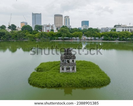 Aerial closeup view of Turtle Tower (Thap Rua) in Hoan Kiem lake (Sword lake, Ho Guom) in Hanoi, Vietnam.