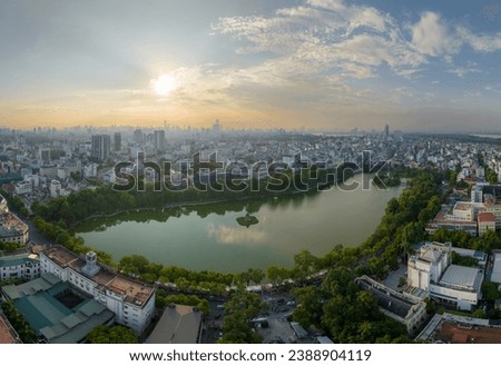 Aerial skyline view of Hoan Kiem lake ( Sword, Ho Guom lake), in center of Hanoi, Vietnam Royalty-Free Stock Photo #2388904119
