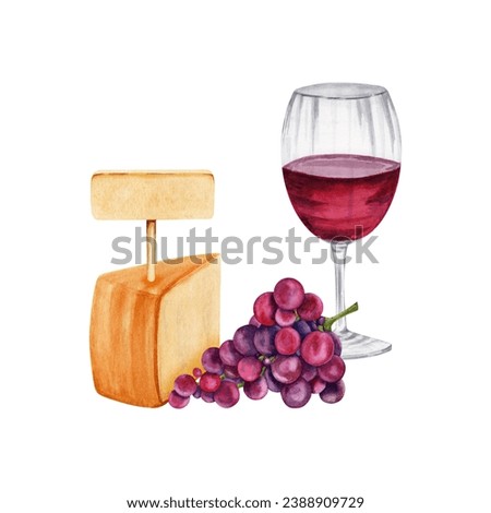Composition with a piece of cheese, wine glass, red grapes. Hand drawn watercolor illustration isolated on white background. Rustic chic style picnic tasting platter. Empty mock up name or price tag.