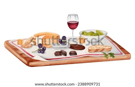 Composition with cheese, glass of red wine, bread, plate, olives and knife on wooden board. Hand drawn watercolor illustration isolated on white background. Rustic chic style picnic tasting platter.