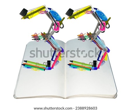 The shape of the number 33 is made of various kinds of stationery isolated on transparent background