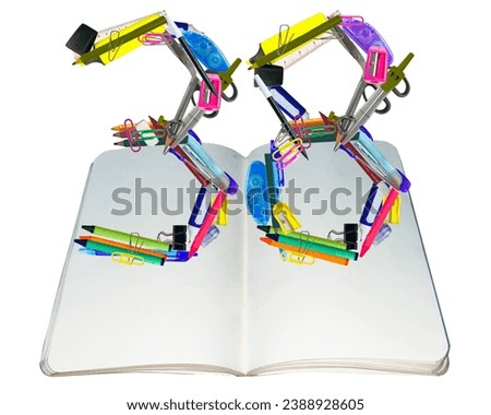 The shape of the number 38 is made of various kinds of stationery isolated on transparent background