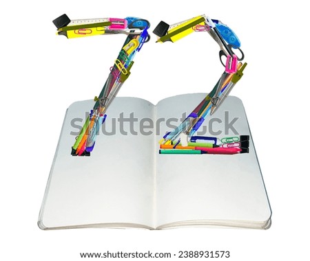 The shape of the number 72 is made of various kinds of stationery isolated on transparent background